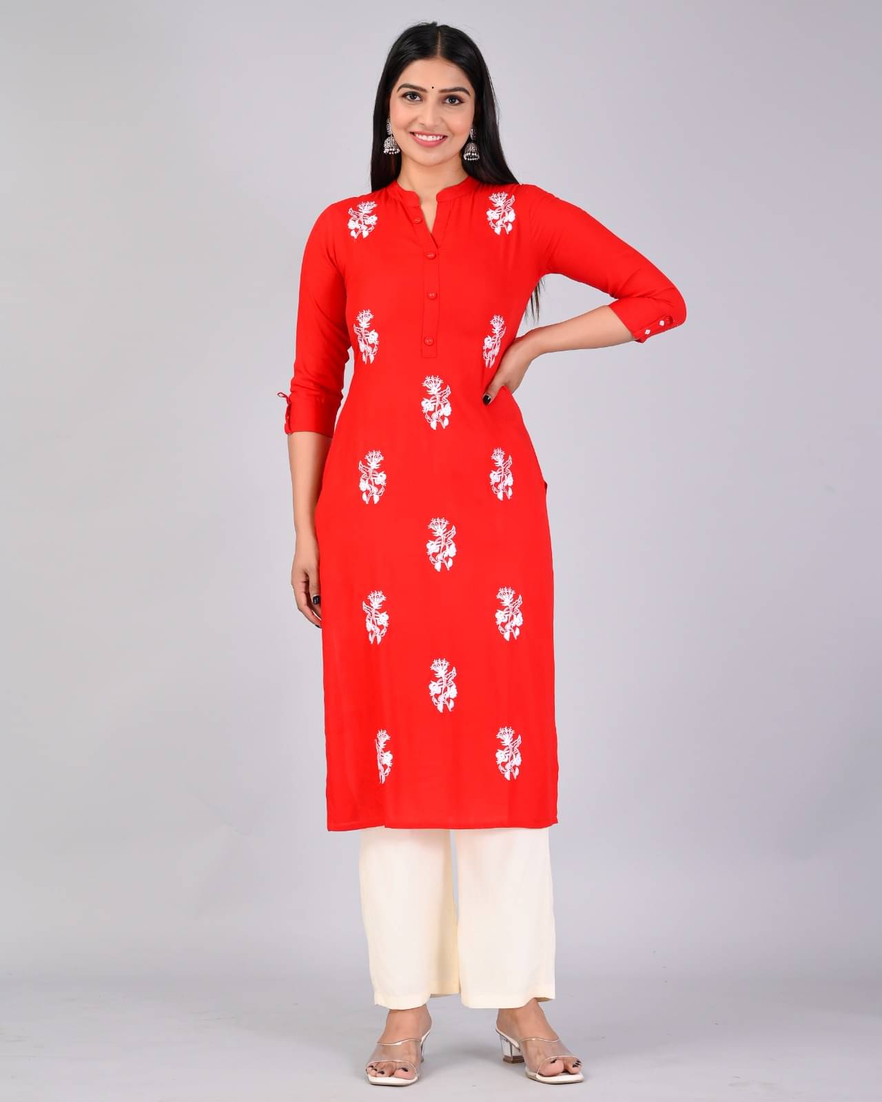 MAUKA Rayon Embroidered Kurti With Palazzo Women's Stitched Salwar Suit - Red ( Pack of 1 ) MAUKA Rayon Embroidered Kurti With Palazzo Women's Stitched Salwar Suit - Red ( Pack of 1 )
