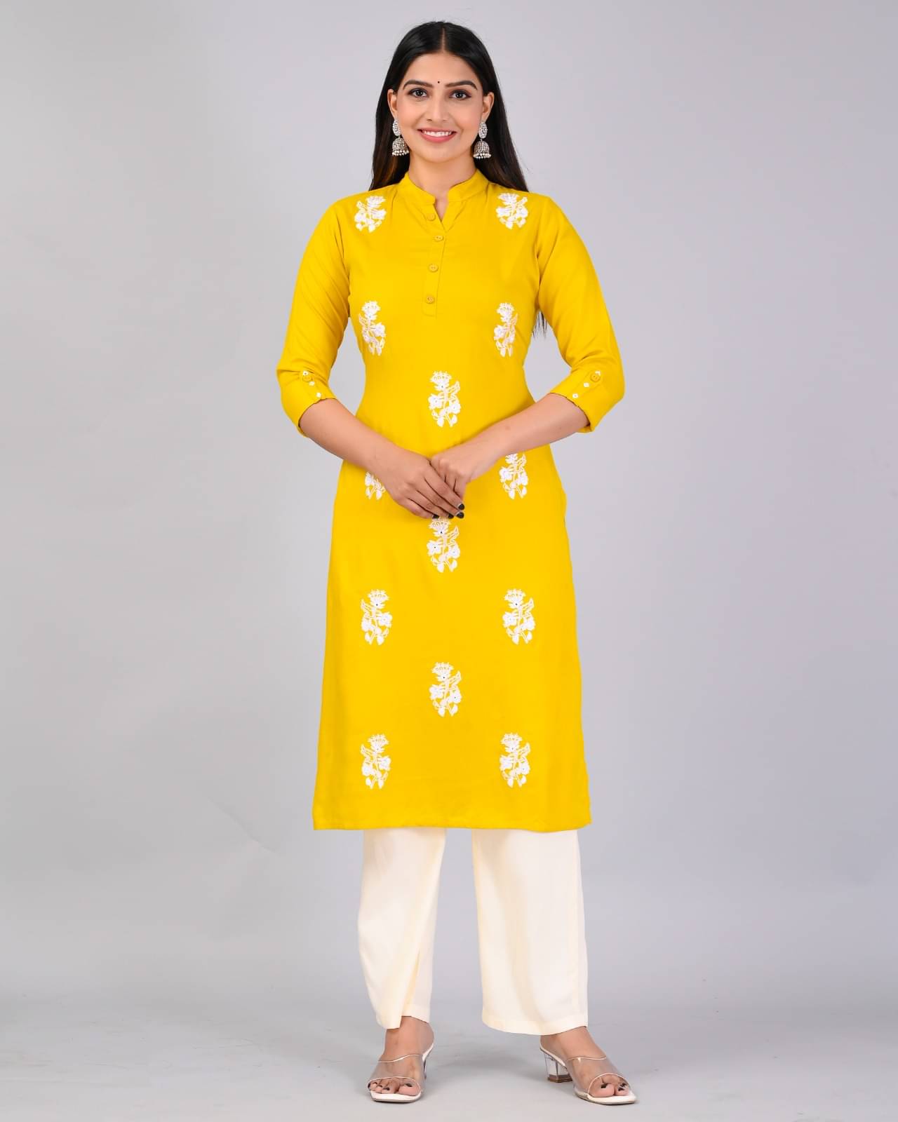     			MAUKA Rayon Embroidered Kurti With Palazzo Women's Stitched Salwar Suit - Yellow ( Pack of 1 )