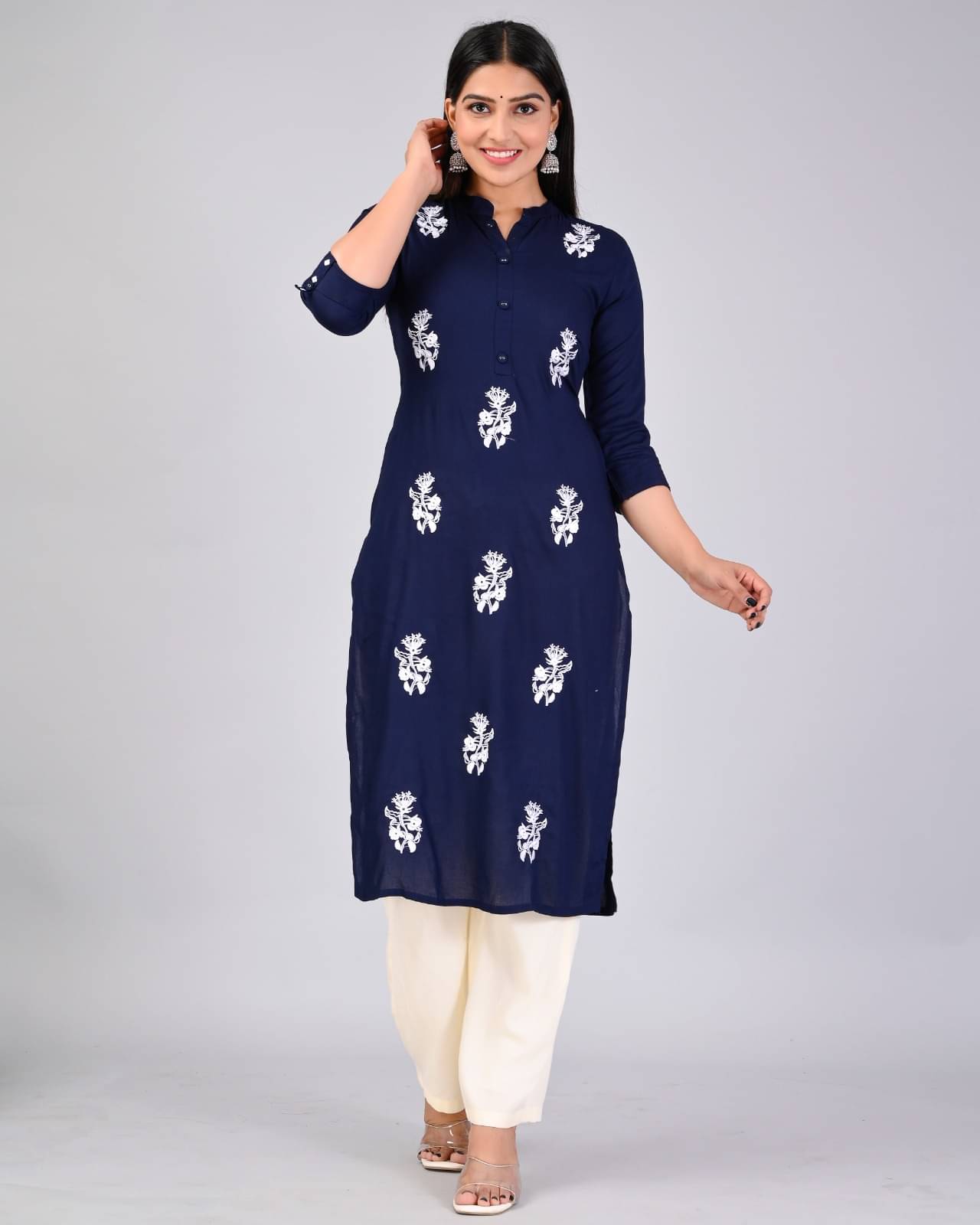     			MAUKA Rayon Embroidered Kurti With Palazzo Women's Stitched Salwar Suit - Blue ( Pack of 1 )