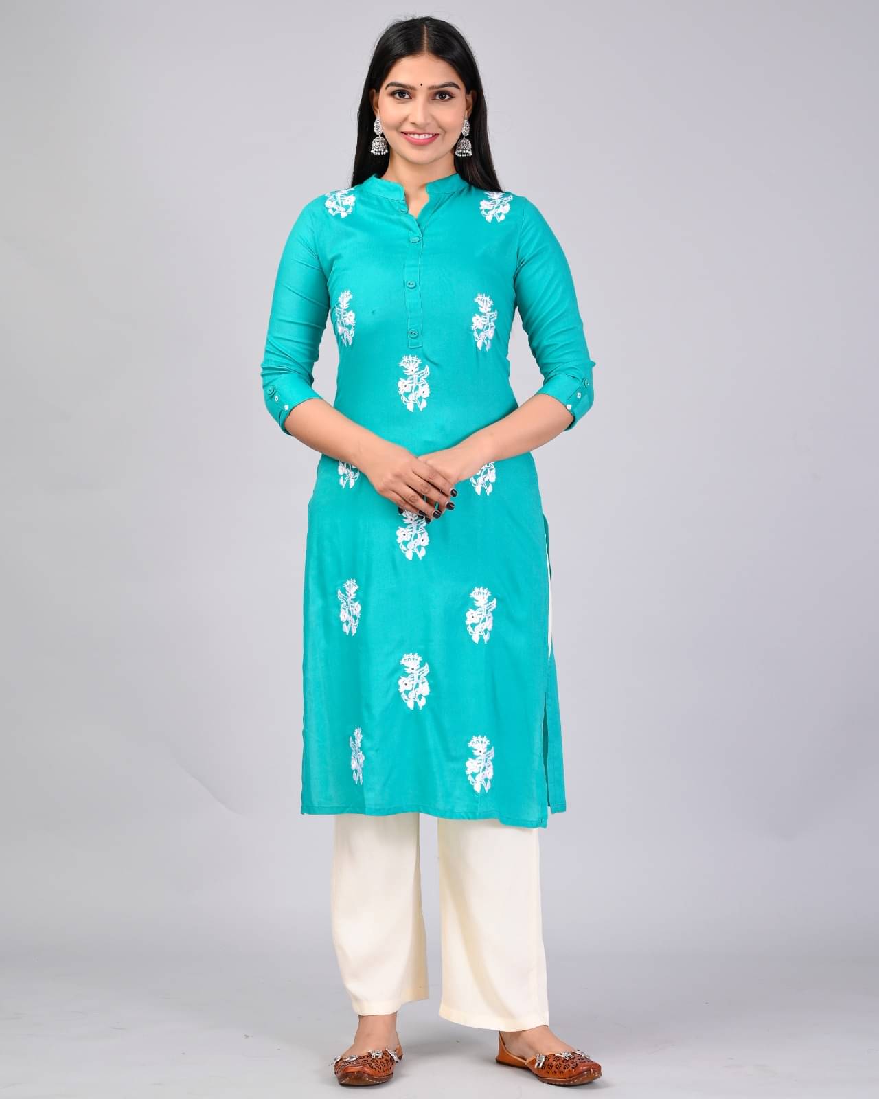 MAUKA Rayon Embroidered Kurti With Palazzo Women's Stitched Salwar Suit - Turquoise ( Pack of 1 ) MAUKA Rayon Embroidered Kurti With Palazzo Women's Stitched Salwar Suit - Turquoise ( Pack of 1 )