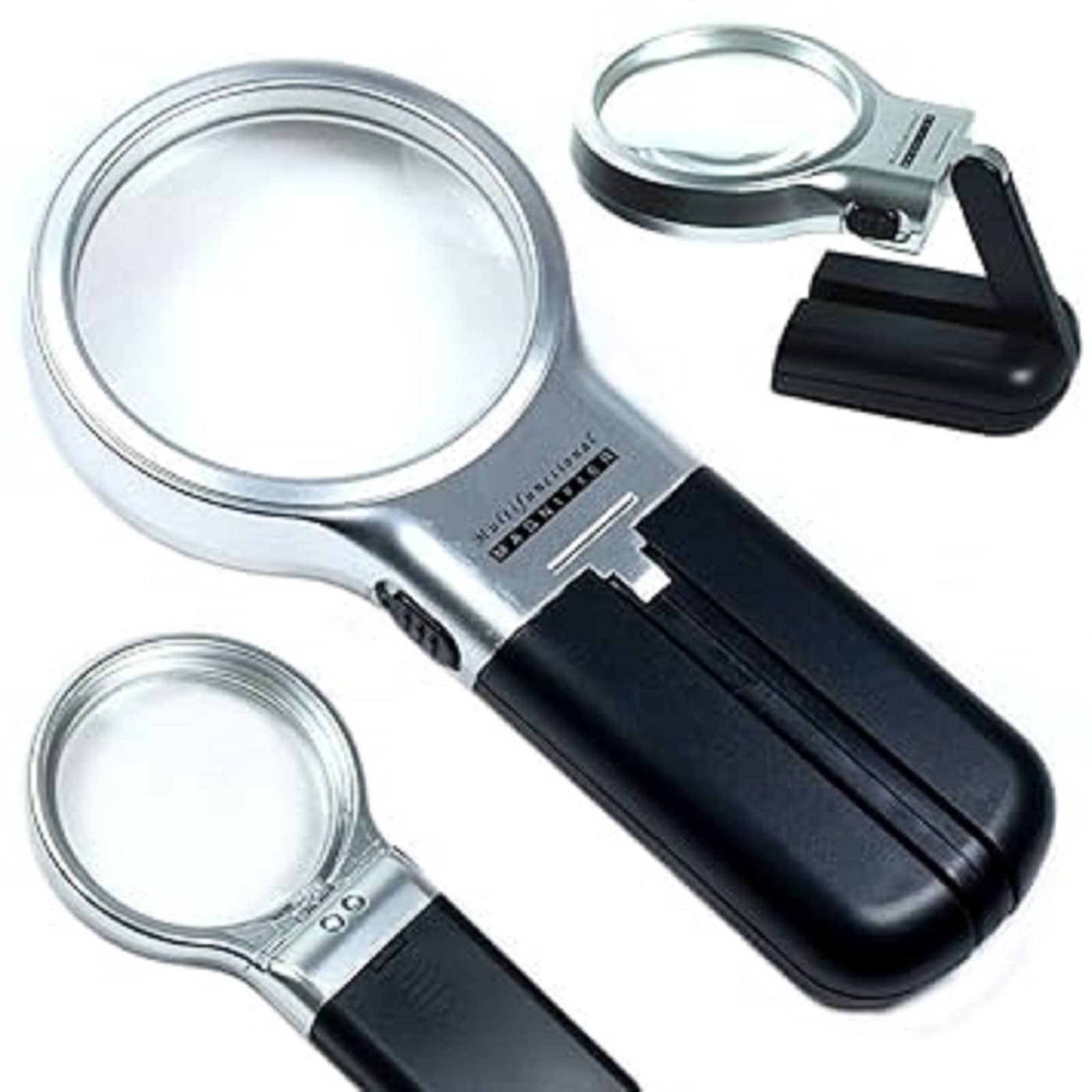 Multifunctional 3-In-1 Hand-Held Folding Lighted High-Powered Magnifier Glass With 3X Zoom & 2 LED Lights