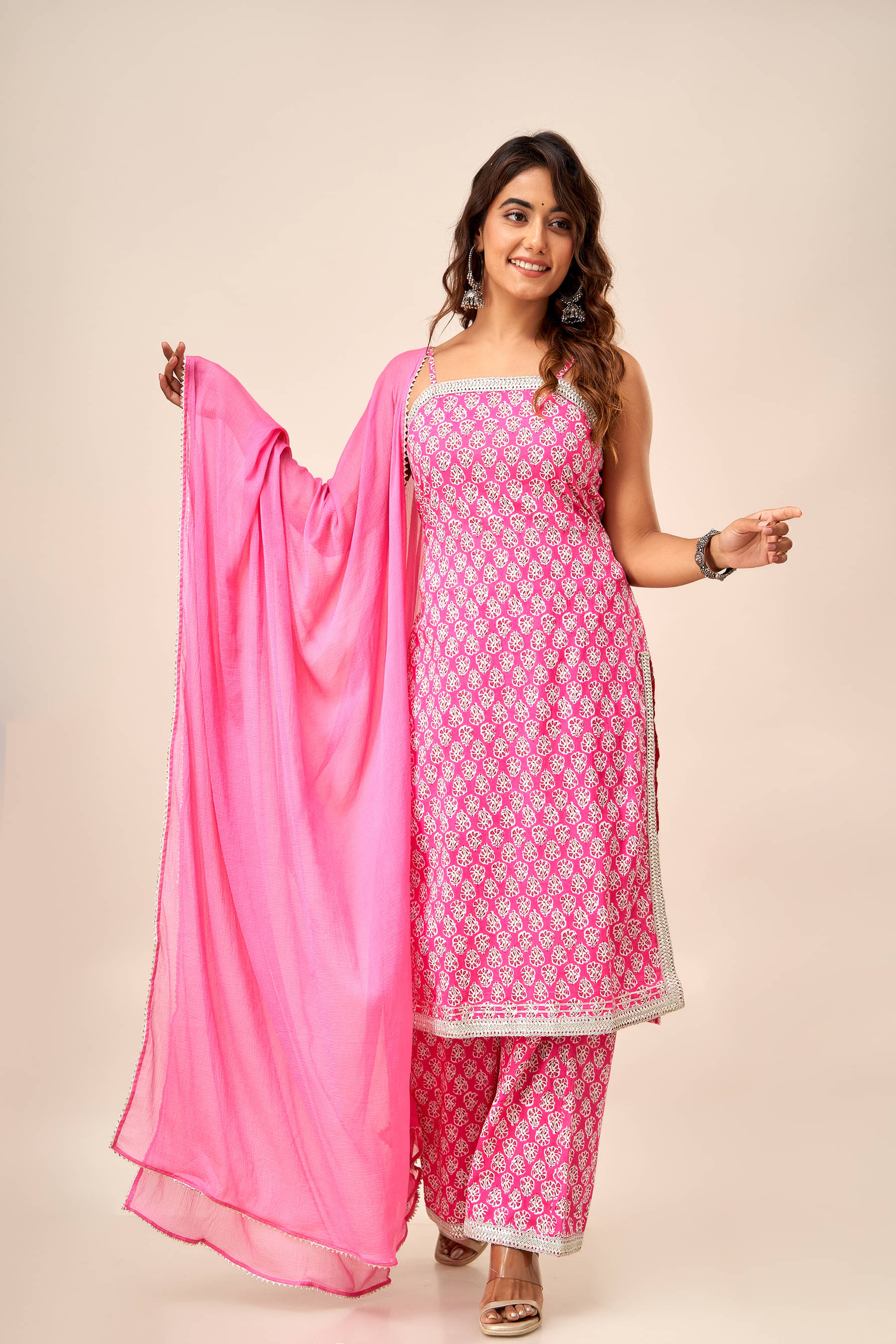 NeshamaKurti Cotton Printed Kurti With Palazzo Women's Stitched Salwar Suit - Pink ( Pack of 1 )     			NeshamaKurti Cotton Printed Kurti With Palazzo Women's Stitched Salwar Suit - Pink ( Pack of 1 )