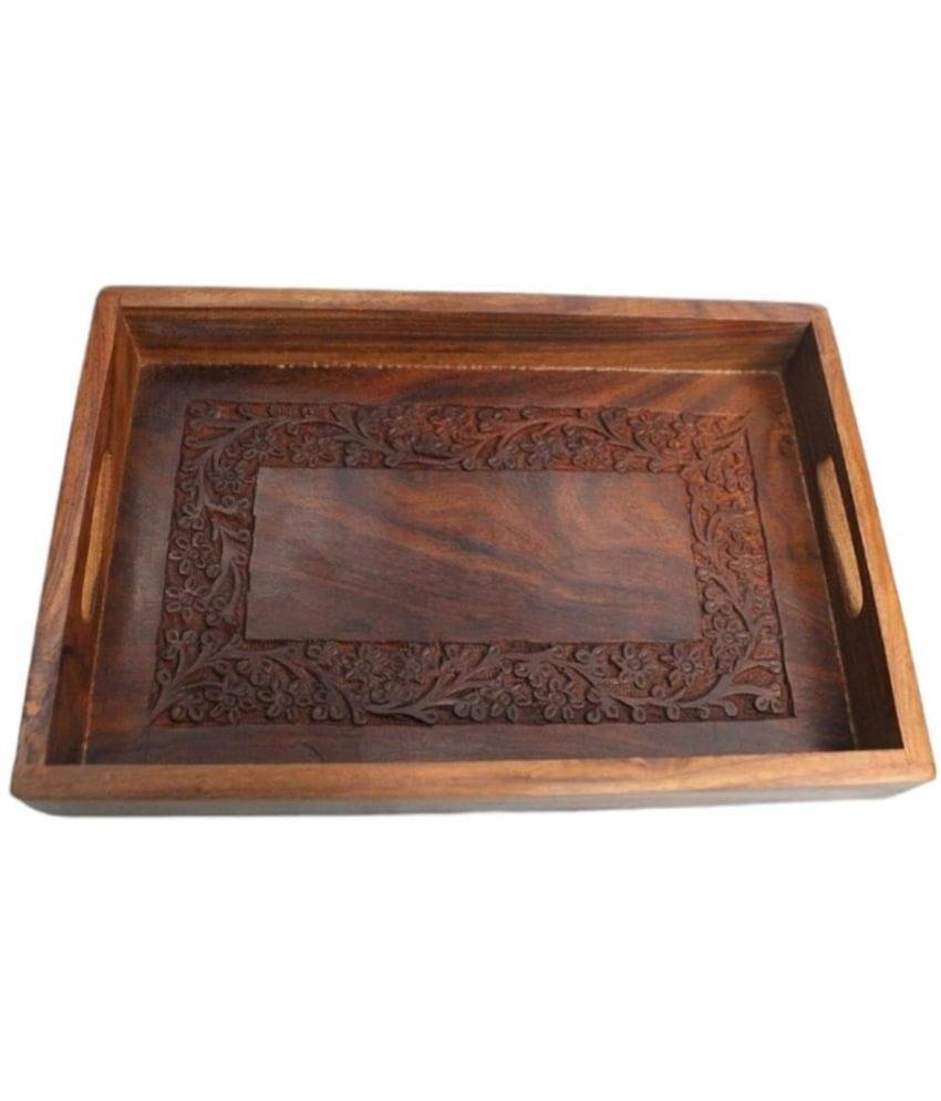     			TFS - Wood carving Tea/Coffee Brown Serving Tray ( Set of 1 )