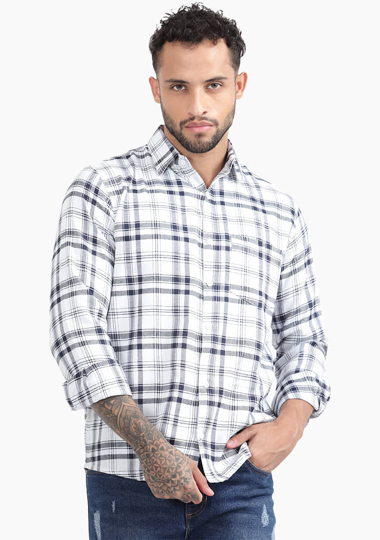 TrendiVastra Cotton Blend Slim Fit Checks Full Sleeves Men's Casual Shirt - White ( Pack of 1 )