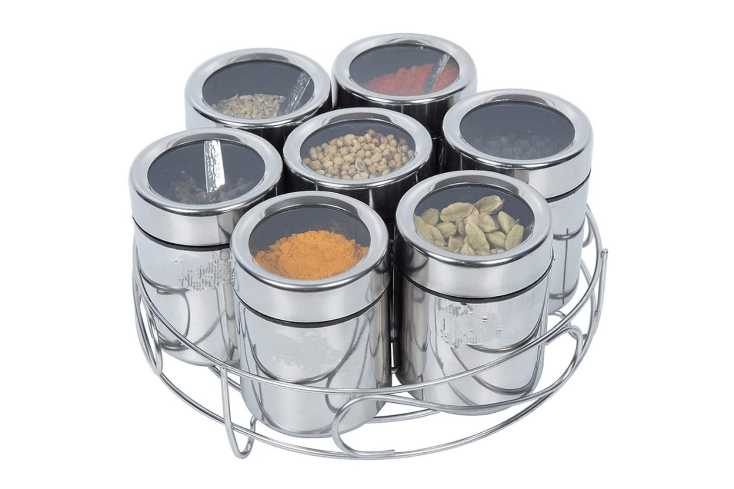     			Visaxmi 7 Masala Box Stand Steel Silver Spice Container ( Set of 7 )