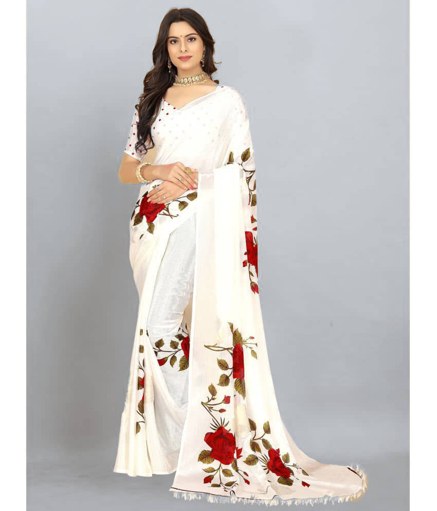 Bhuwal Fashion Georgette Printed Saree With Unstitched Blouse Piece ( Off White ) - Sarees | Buy online on ZillyBuy