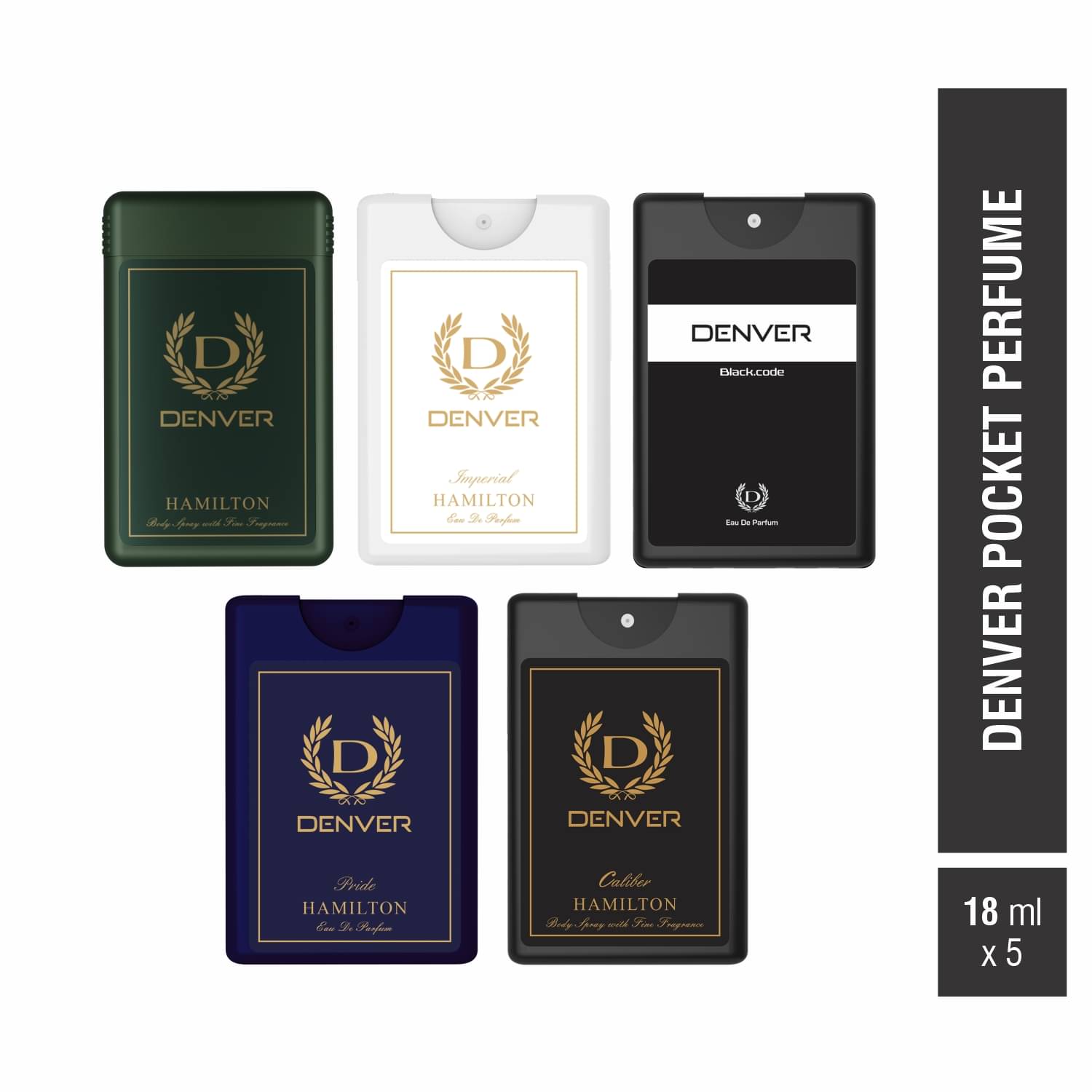     			Denver Pocket Perfume Combo Set of 5 - Hamilton, Imperial , Pride, Black Code & Caliber - 18ML Each