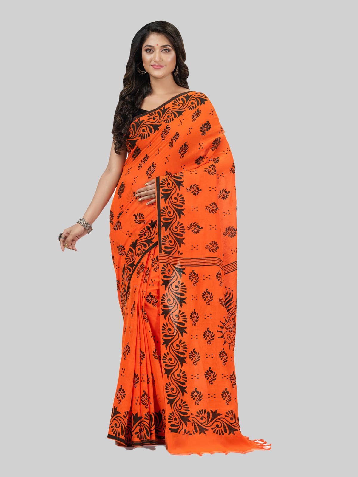 Desh Bidesh Cotton Self Design Saree With Unstitched Blouse Piece ( Orange ) Desh Bidesh Cotton Self Design Saree With Unstitched Blouse Piece ( Orange )
