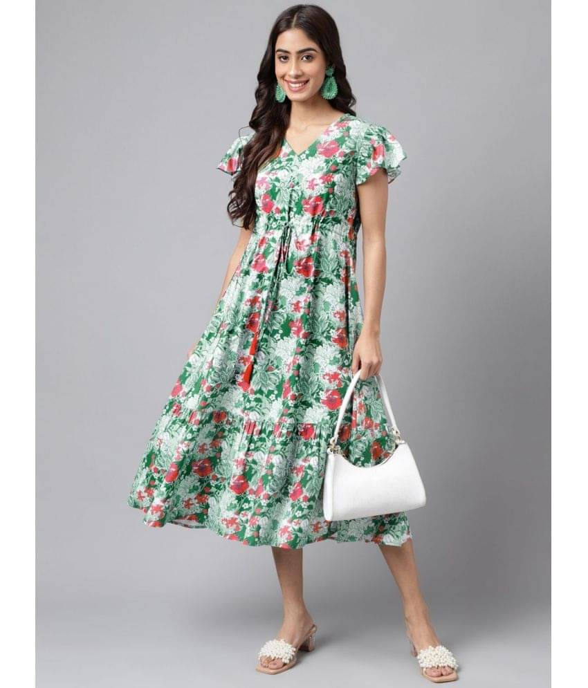Janasya Women Polyester Printed Fit & Flare Dress ( Green ) Janasya Women Polyester Printed Fit & Flare Dress ( Green )