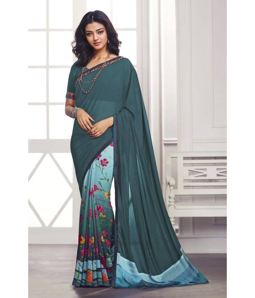 BLEESBURY Georgette Printed Saree With Unstitched Blouse Piece ( Teal ) BLEESBURY Georgette Printed Saree With Unstitched Blouse Piece ( Teal )