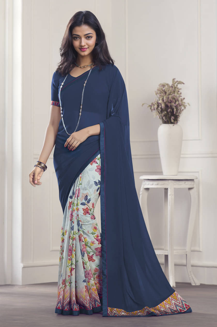     			BLEESBURY Georgette Printed Saree With Unstitched Blouse Piece ( Navy Blue )