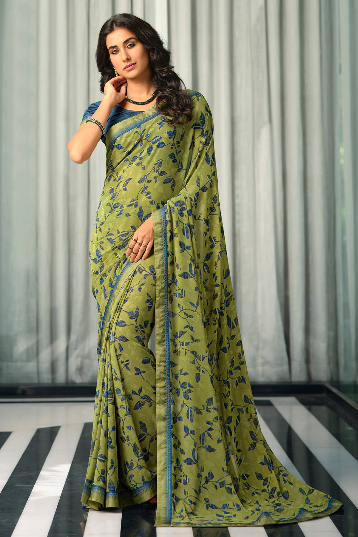     			BLEESBURY Georgette Printed Saree With Unstitched Blouse Piece ( Olive )