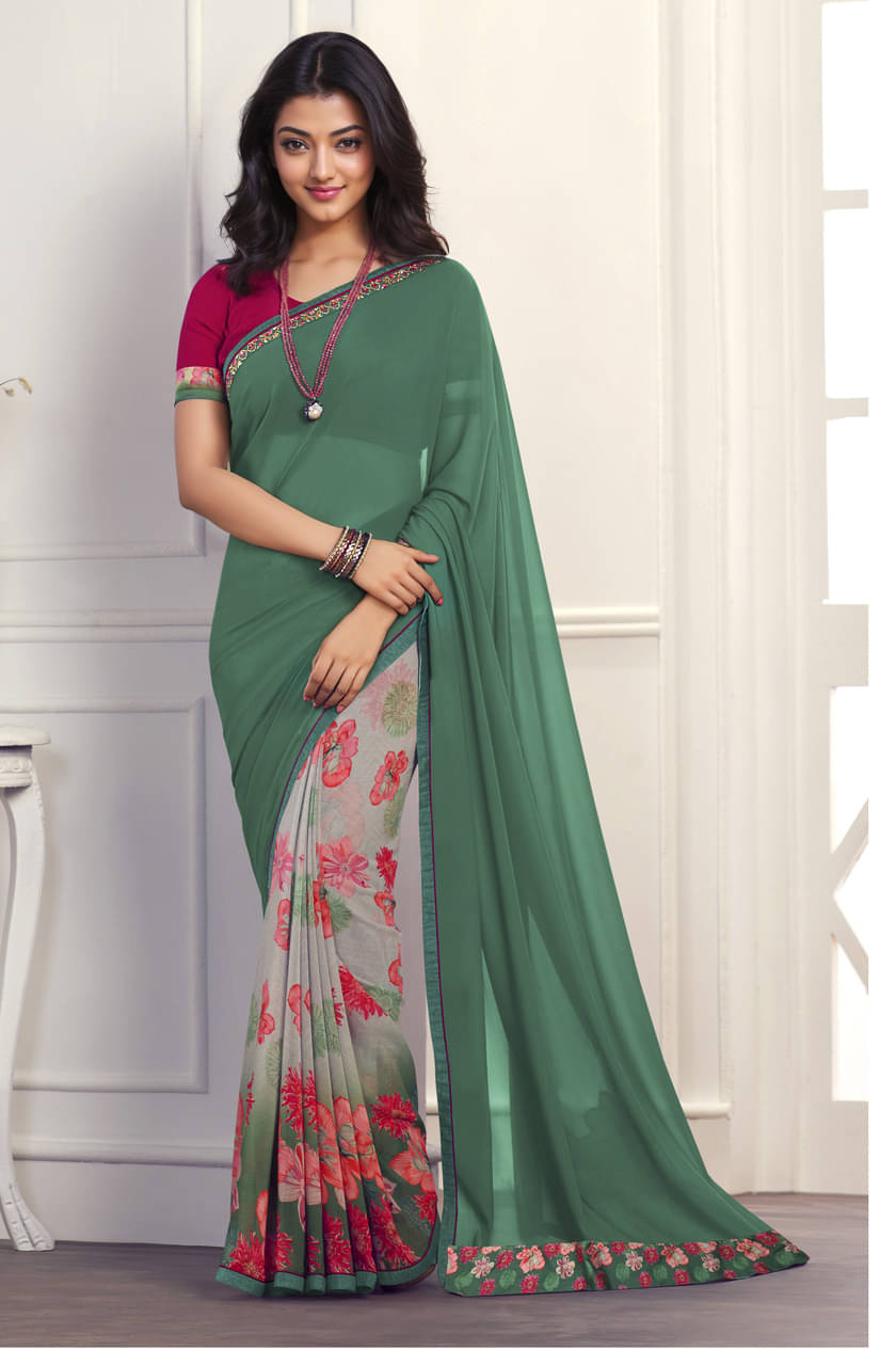     			BLEESBURY Georgette Printed Saree With Unstitched Blouse Piece ( Sea Green )