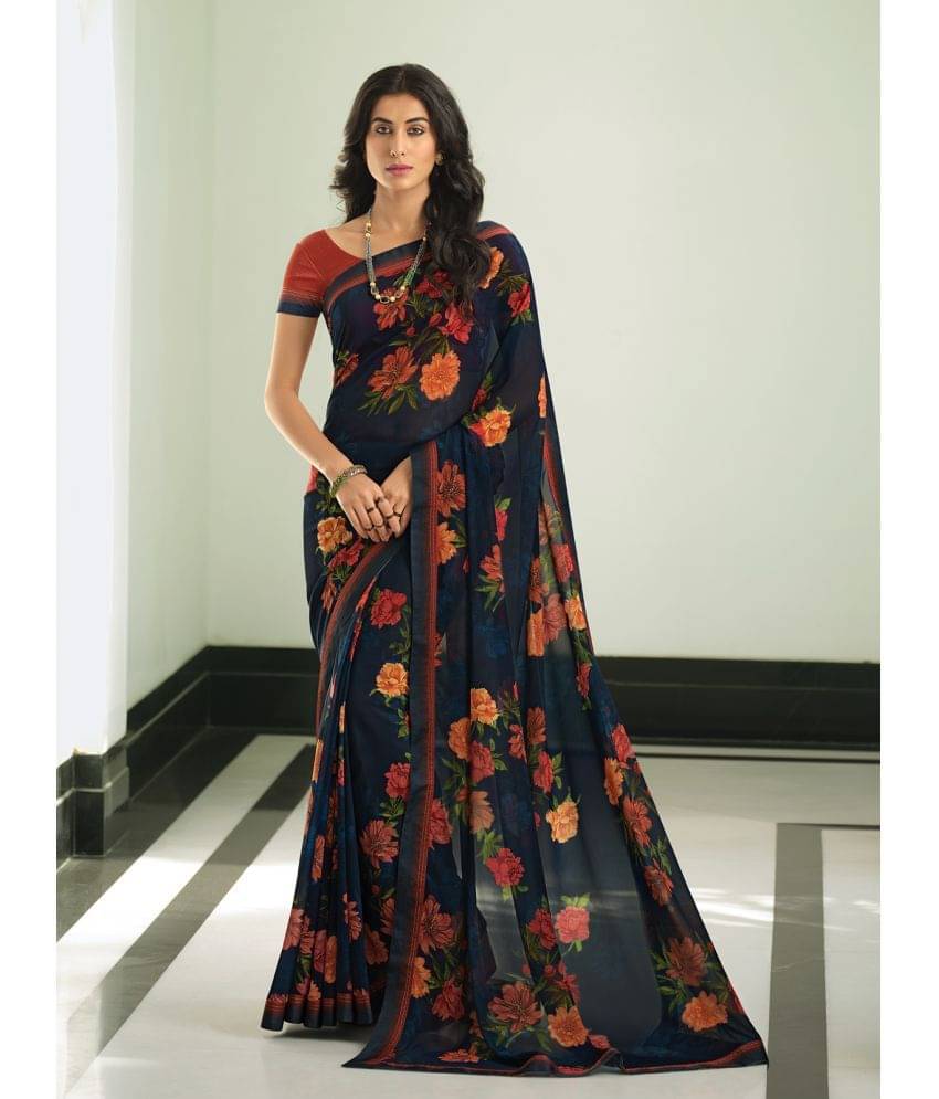     			BLEESBURY Georgette Printed Saree With Unstitched Blouse Piece ( Navy Blue )