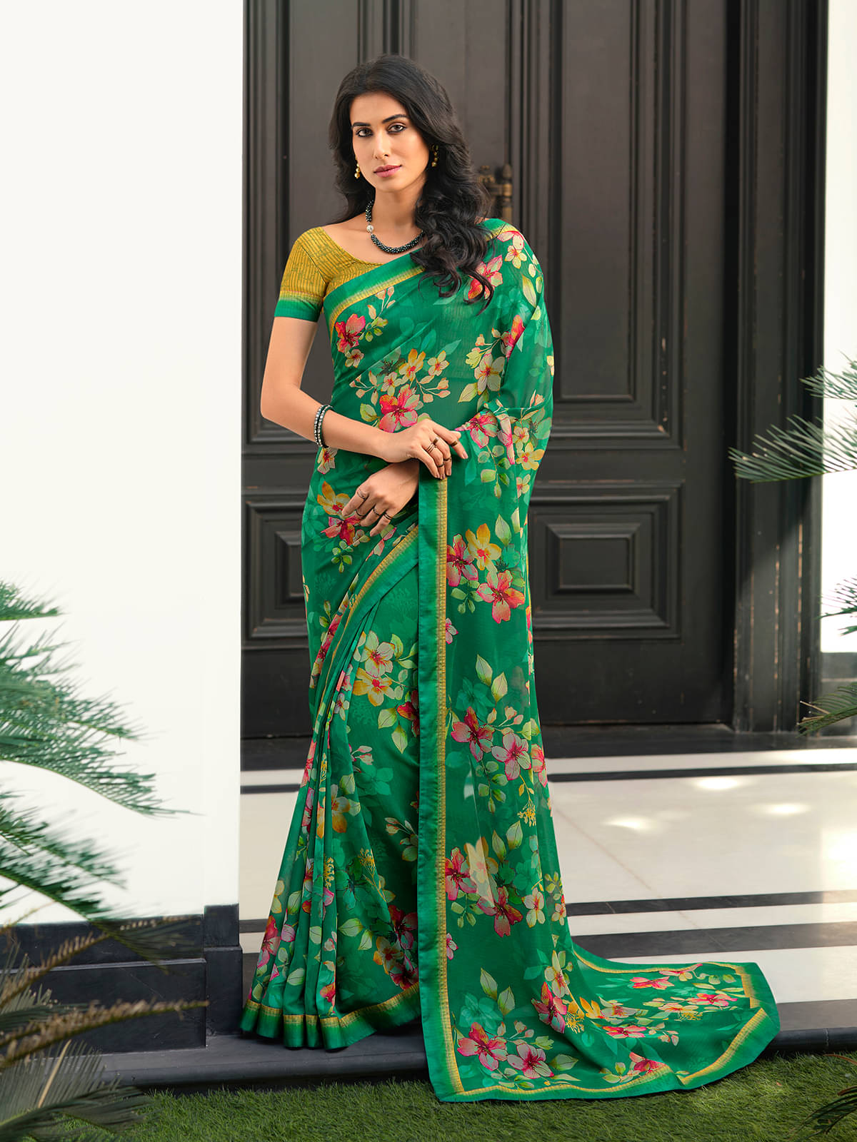     			BLEESBURY Georgette Printed Saree With Unstitched Blouse Piece ( Green )