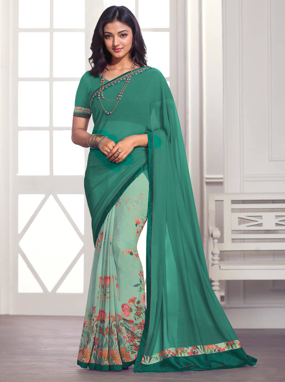 BLEESBURY Georgette Printed Saree With Unstitched Blouse Piece ( Sea Green ) BLEESBURY Georgette Printed Saree With Unstitched Blouse Piece ( Sea Green )