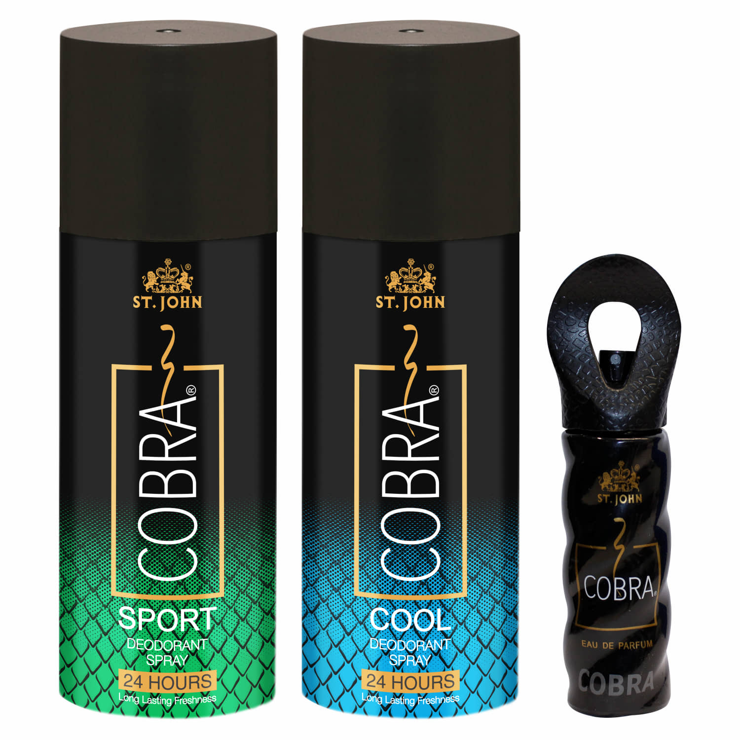 ST.JOHN Cobra Cool, Sport 150 Each & Cobra 15ml Deodorant Spray & Perfume for Men (315ml) Pack of 3