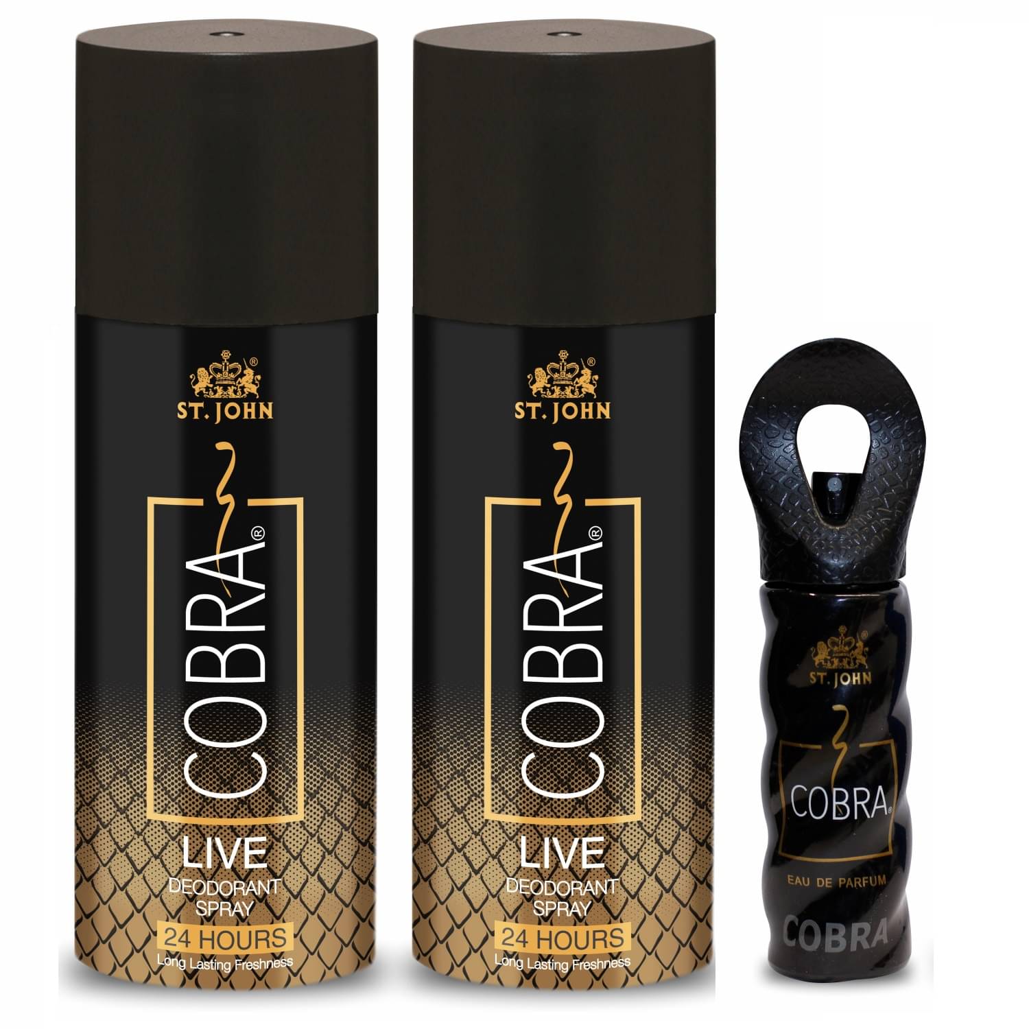 ST.JOHN Cobra Live 150ml*2 & Cobra 15ml Deodorant Spray & Perfume for Men 150ml - Pack of 3 ST.JOHN Cobra Live 150ml*2 & Cobra 15ml Deodorant Spray & Perfume for Men 150ml - Pack of 3