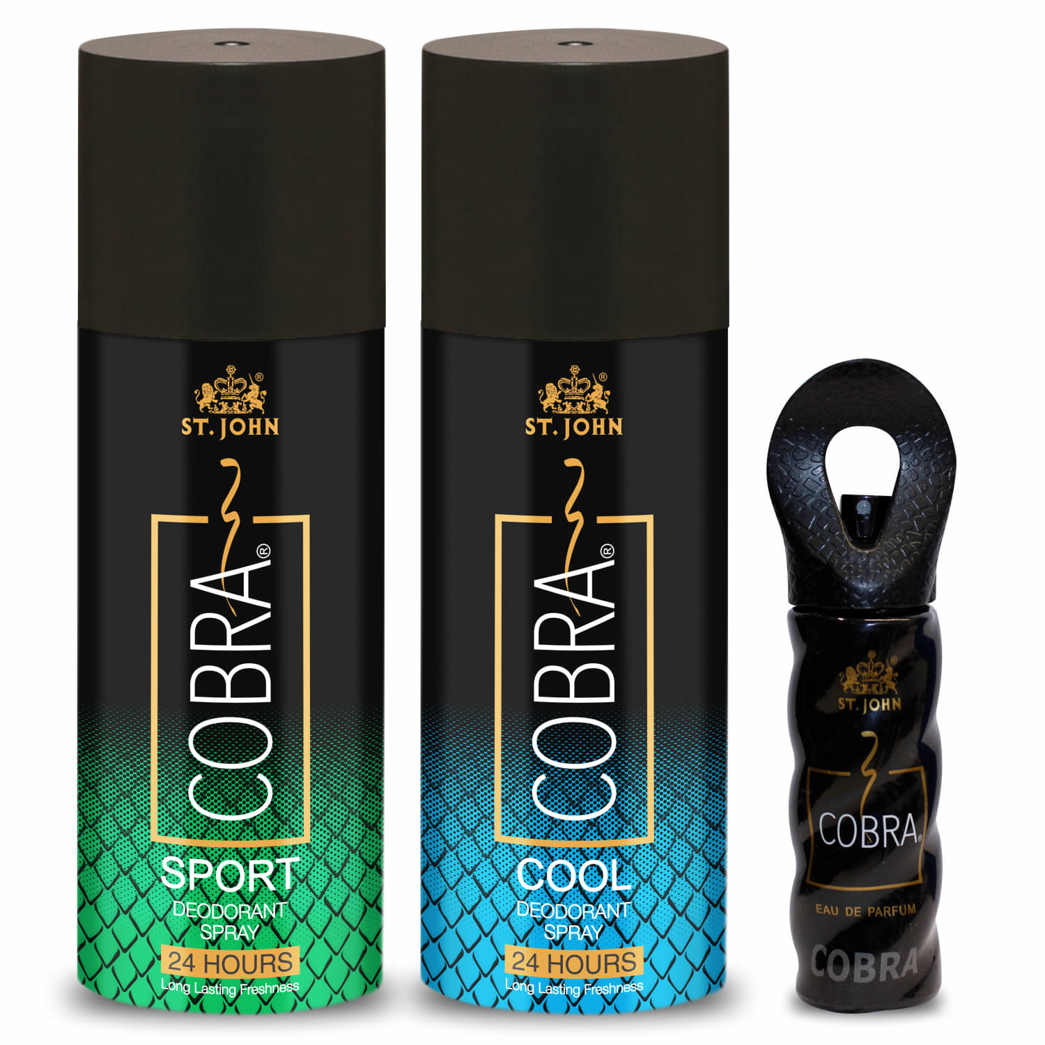     			ST.JOHN Cobra Sport,Cool 150ml Each & Cobra 15ml Deodorant Spray & Perfume for Men (315ml) Pack of 3