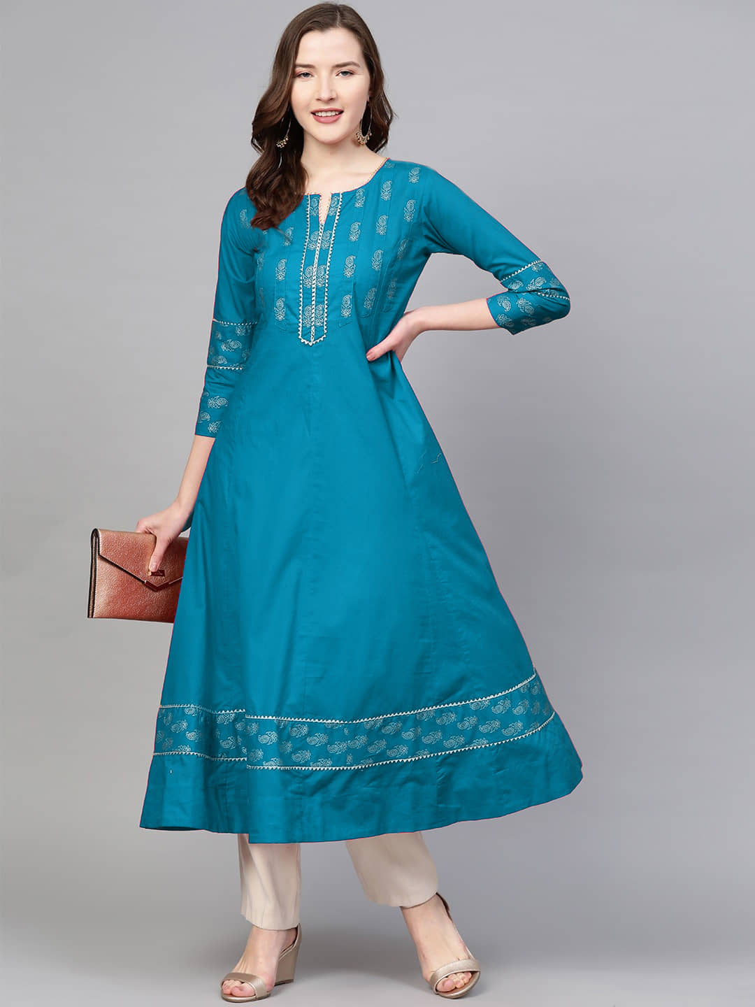 Yash Gallery Cotton Printed Flared Women's Kurti - Teal ( Pack of 1 ) - Kurtis, Tunics | Buy online on ZillyBuy