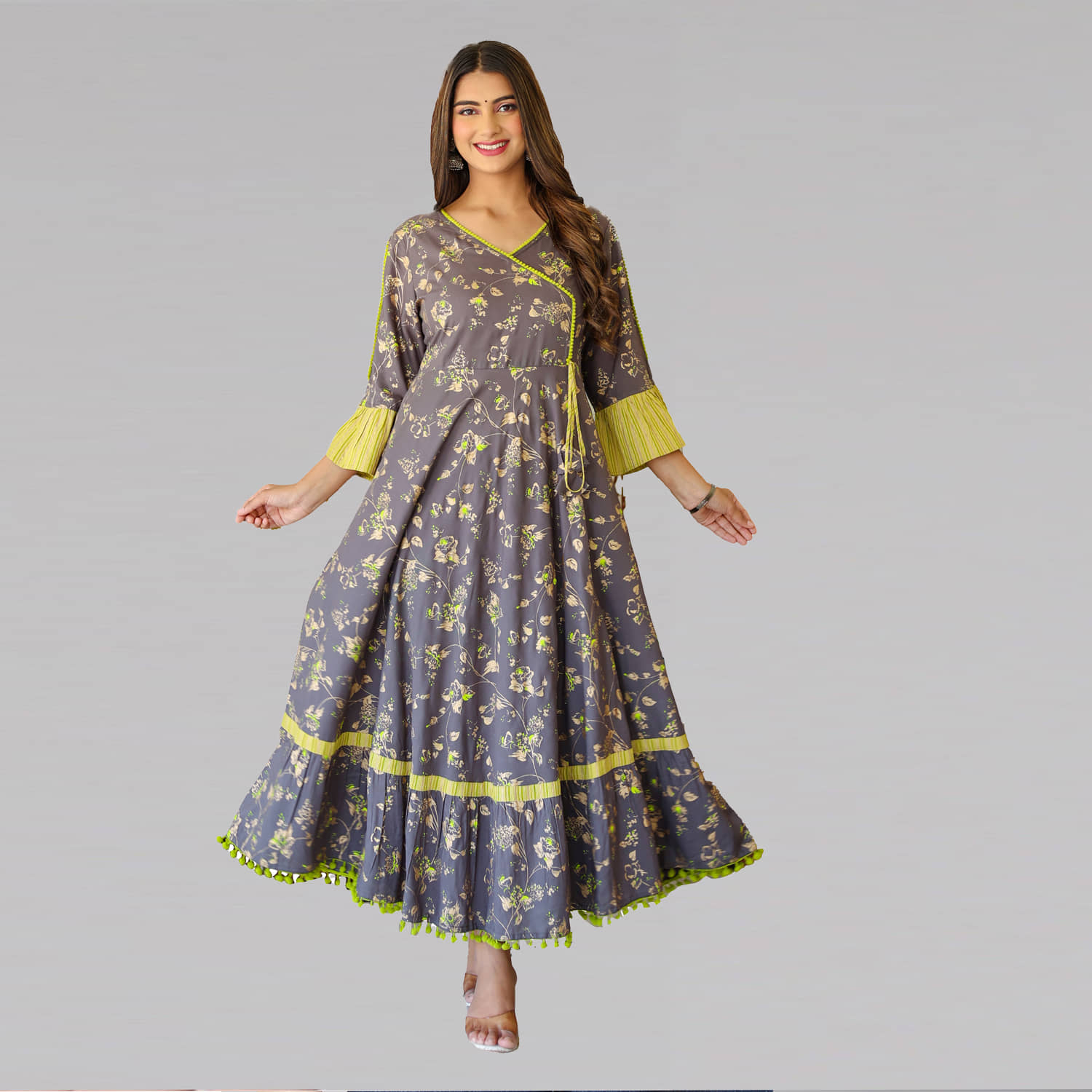 Yash Gallery Rayon Printed Anarkali Women's Kurti - Grey ( Pack of 1 ) - Kurtis, Tunics | Buy online on ZillyBuy