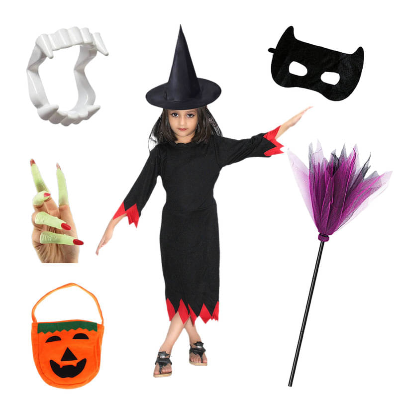 Kaku Fancy Dresses Halloween Witch Costume With Hat, Teeth, Face, Nails, Pumpkin Bag & Witch Broom For Kids Kaku Fancy Dresses Halloween Witch Costume With Hat, Teeth, Face, Nails, Pumpkin Bag & Witch Broom For Kids