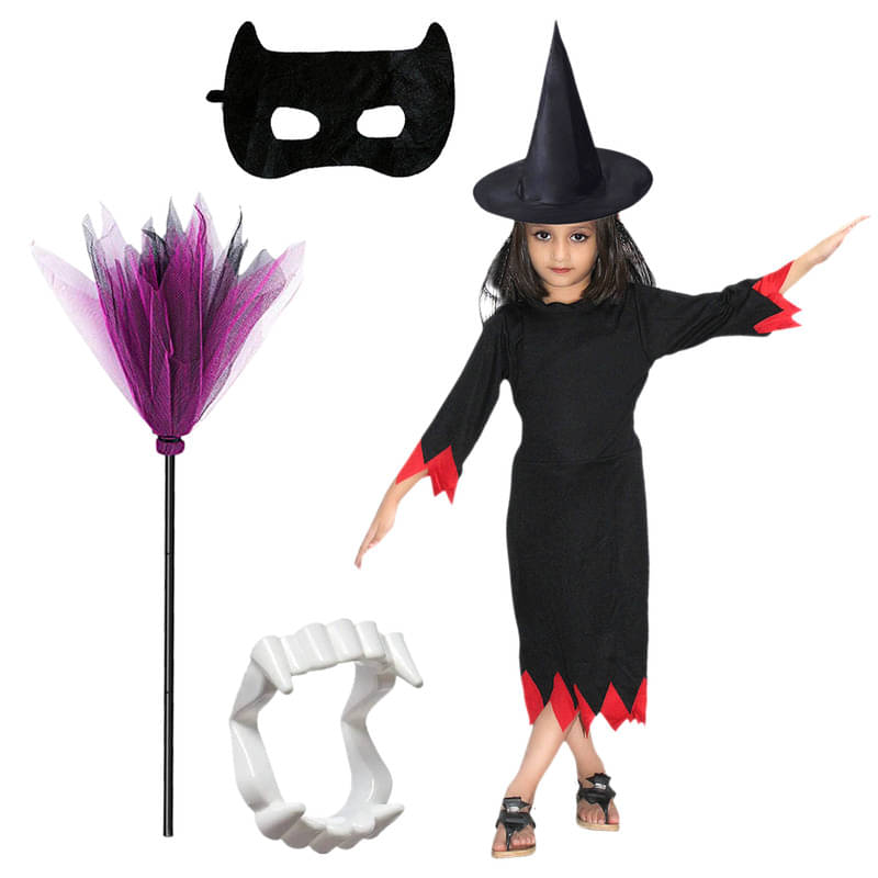 Kaku Fancy Dresses Halloween Witch Costume With Hat, Teeth, Face & Witch Broom For Kids     			Kaku Fancy Dresses Halloween Witch Costume With Hat, Teeth, Face & Witch Broom For Kids