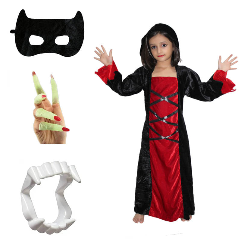 Kaku Fancy Dresses Scary Halloween Cosplay Red Black Witch Costume Gown With Teeth, Face & Nail Set for Kids     			Kaku Fancy Dresses Scary Halloween Cosplay Red Black Witch Costume Gown With Teeth, Face & Nail Set for Kids