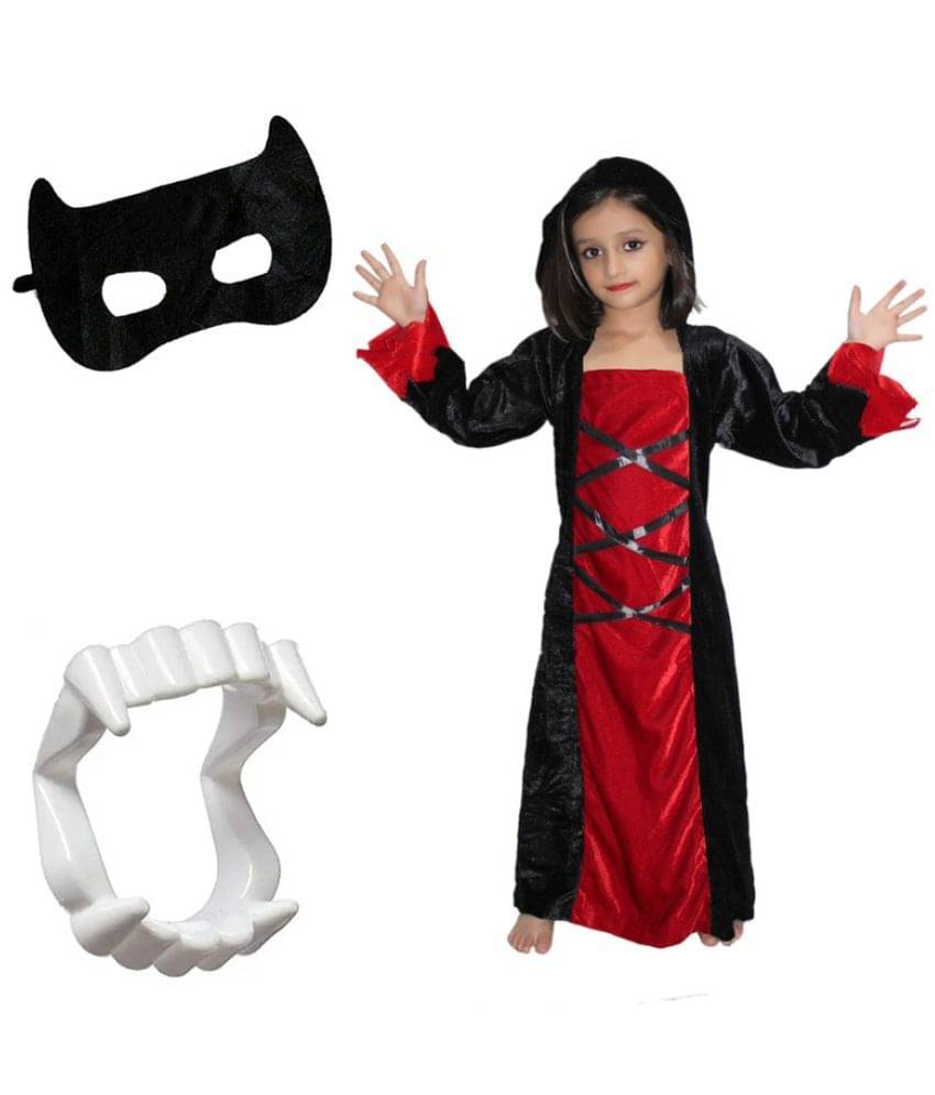 Kaku Fancy Dresses Scary Halloween Cosplay Red Black Witch Costume Gown With Teeth & Face Set for Kids Kaku Fancy Dresses Scary Halloween Cosplay Red Black Witch Costume Gown With Teeth & Face Set for Kids