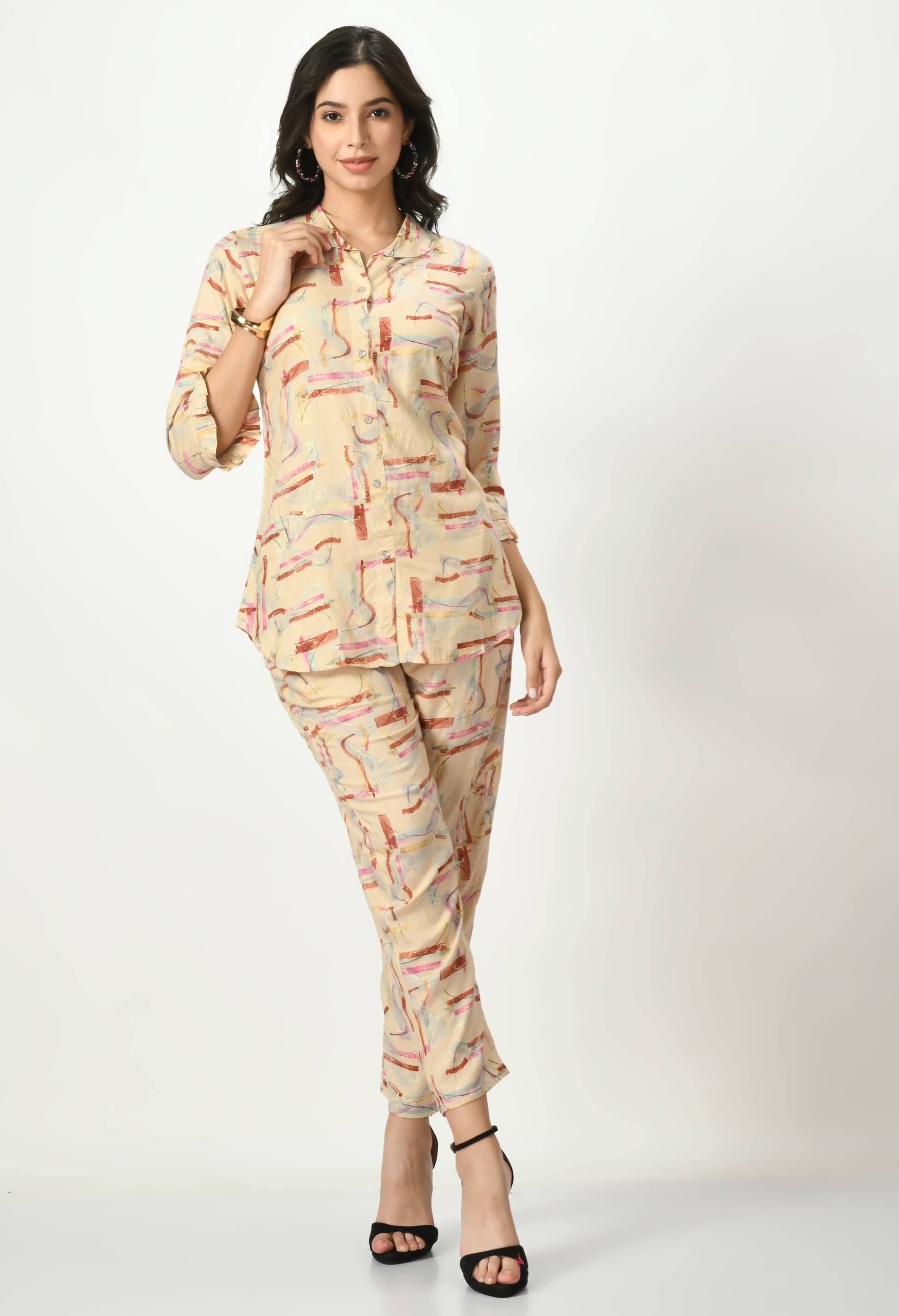 MAURYA Women Printed Shirt With Palazzos Co-Ord Set ( Cream )
