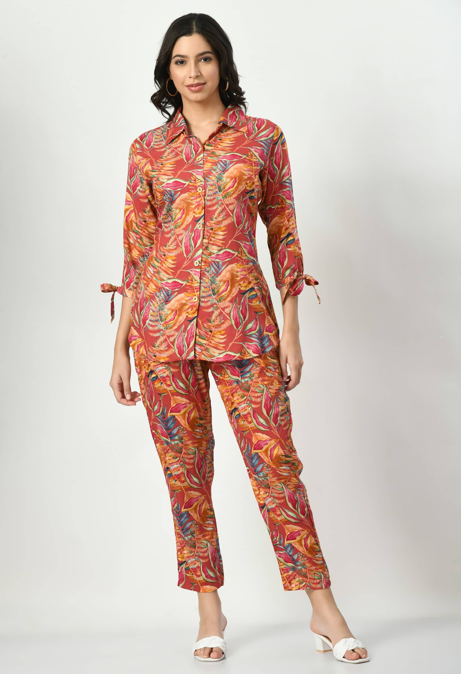 MAURYA Women Printed Shirt With Palazzos Co-Ord Set ( Red )