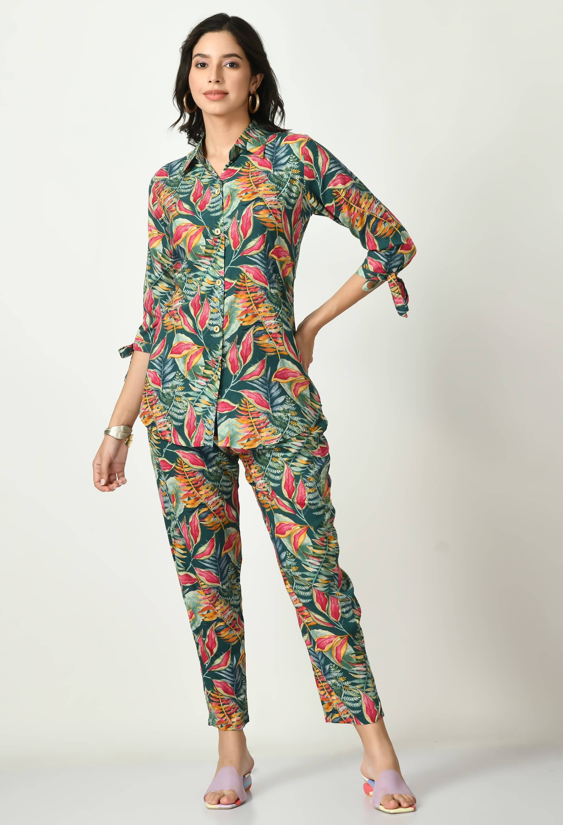 MAURYA Women Printed Shirt With Palazzos Co-Ord Set ( Green )