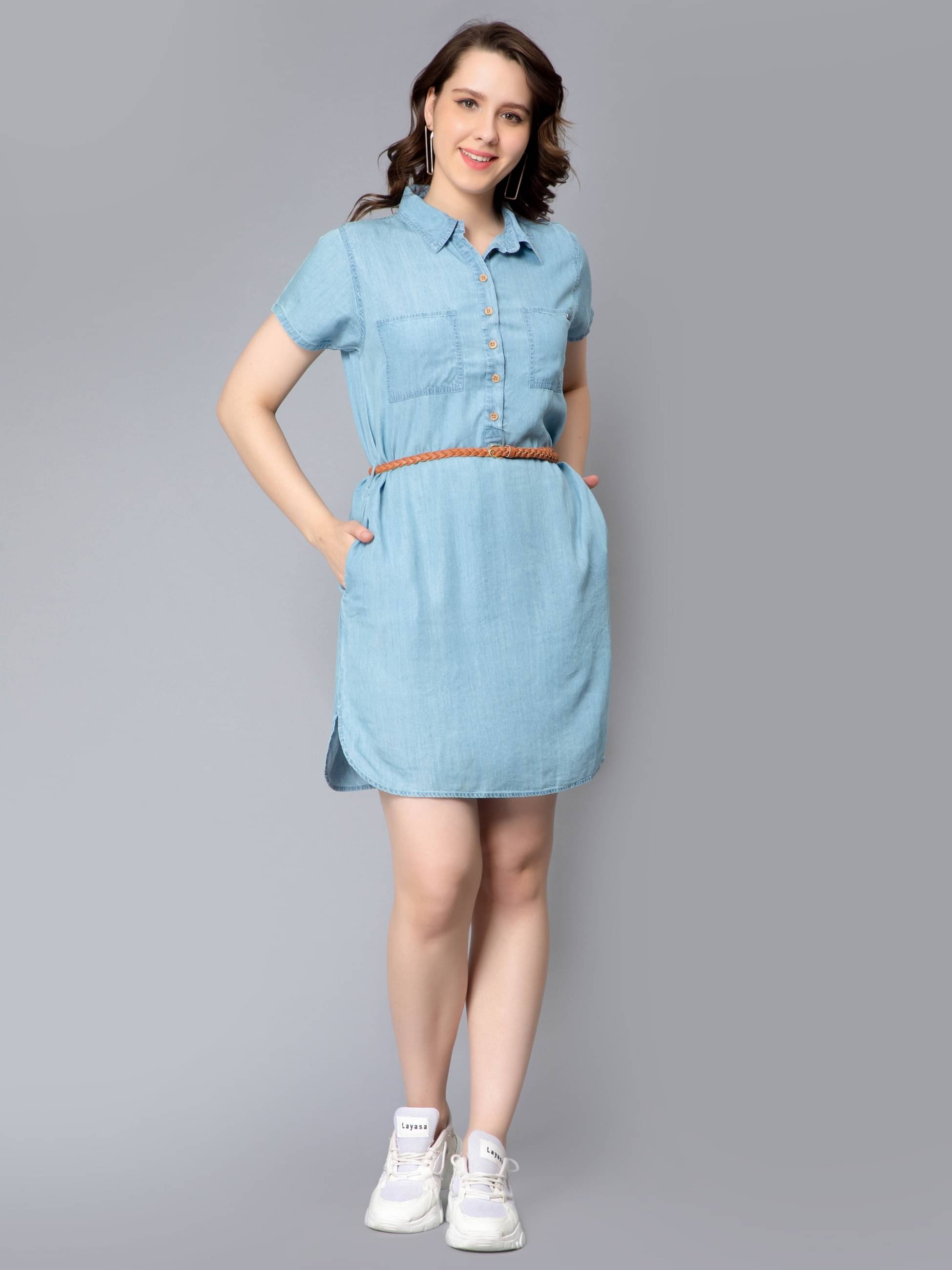 NUEVOSDAMAS Women Denim Solid Shirt Dress ( Light Blue ) NUEVOSDAMAS Women Denim Solid Shirt Dress ( Light Blue )