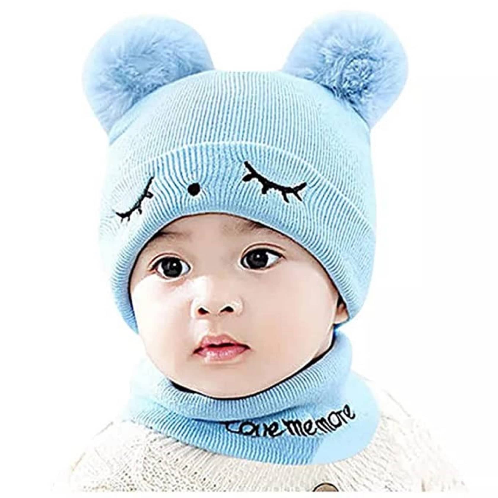 Valdez Woolen Warm Double Pom Pom Cap Beanie Hat and Muffler Winter Accessories for Baby Boys and Girls