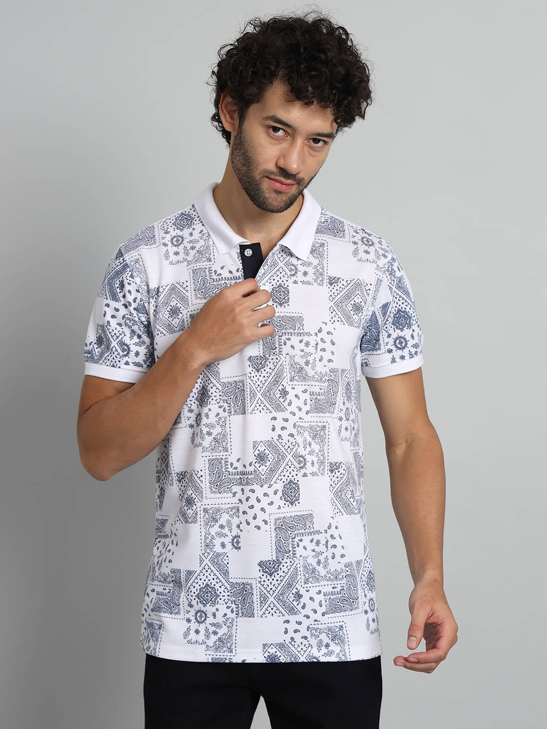 XFOX Pack of 1 Cotton Blend Regular Fit Printed Half Sleeves Men's Polo T Shirt ( White )