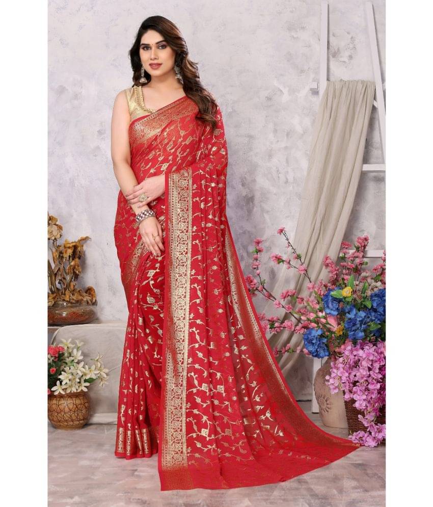 FABMORA Georgette Embellished Saree With Unstitched Blouse Piece ( Red ) FABMORA Georgette Embellished Saree With Unstitched Blouse Piece ( Red )