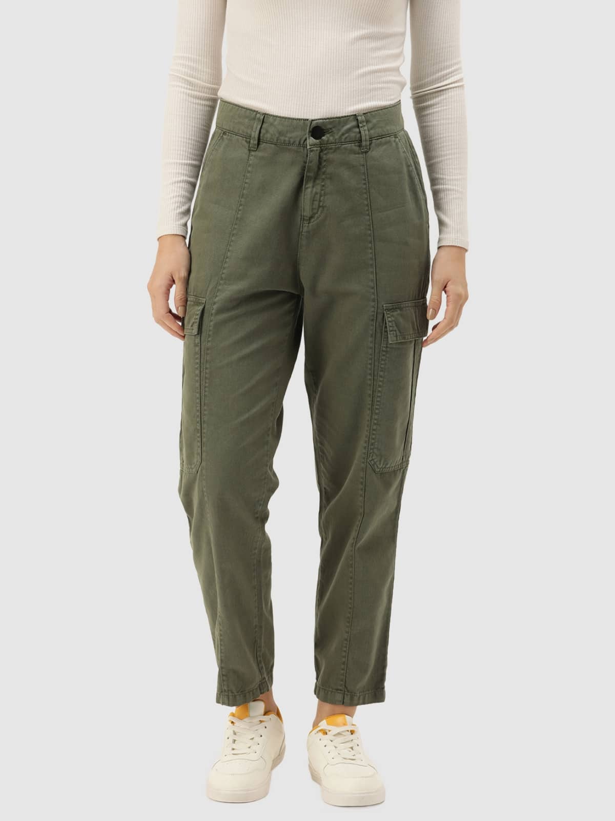 Women Olive Green Regular Fit Paneled Solid Cargo Trousers - Trousers | Buy online on ZillyBuy