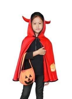     			Kaku Fancy Dresses Red Robe Hooded Cape with Devil Horn and Pumpkin Basket for Halloween Costume for Kids - Red, 5-6 Years