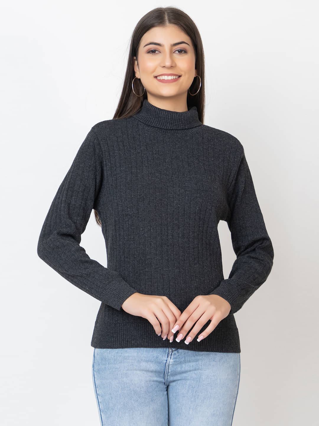 Kvetoo Women Acrylic High Neck Pullover ( Grey )     			Kvetoo Women Acrylic High Neck Pullover ( Grey )