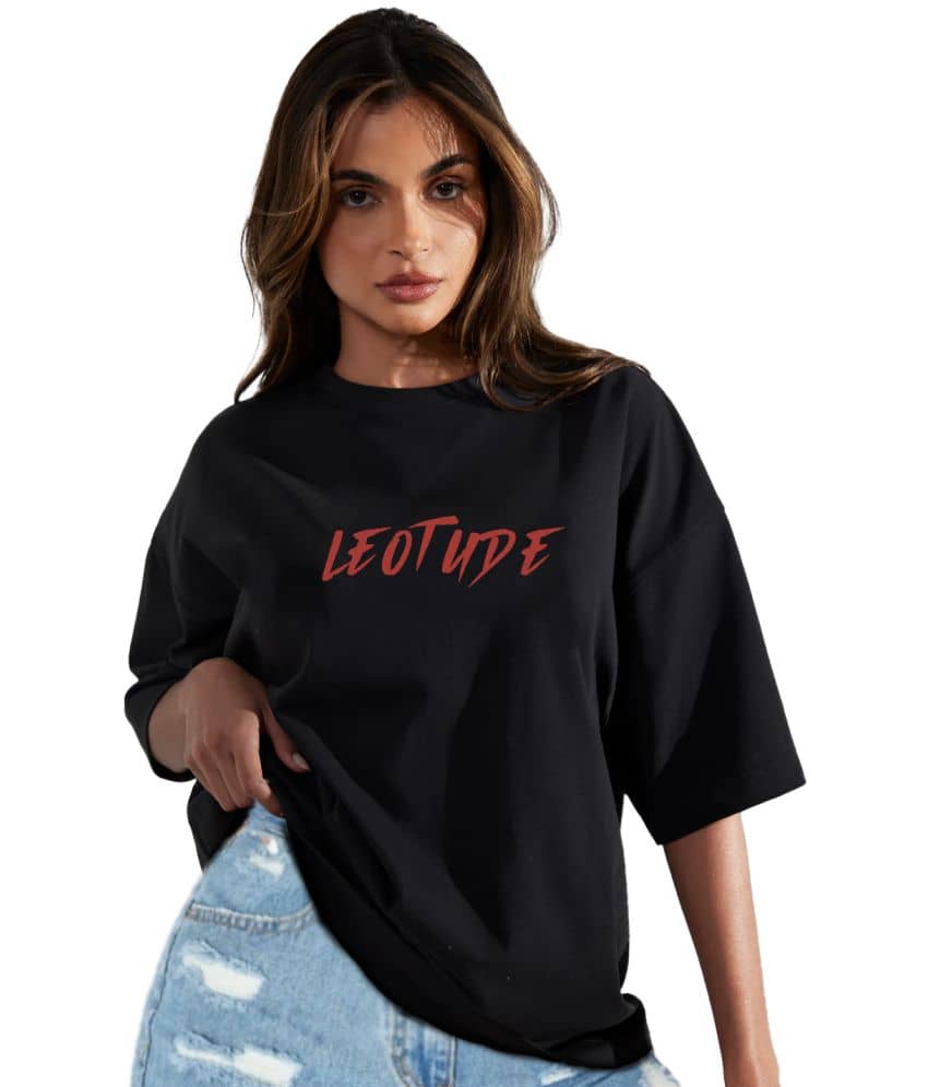 Leotude Women Cotton Blend Printed Oversized Fit Round Neck T-Shirt ( Black )