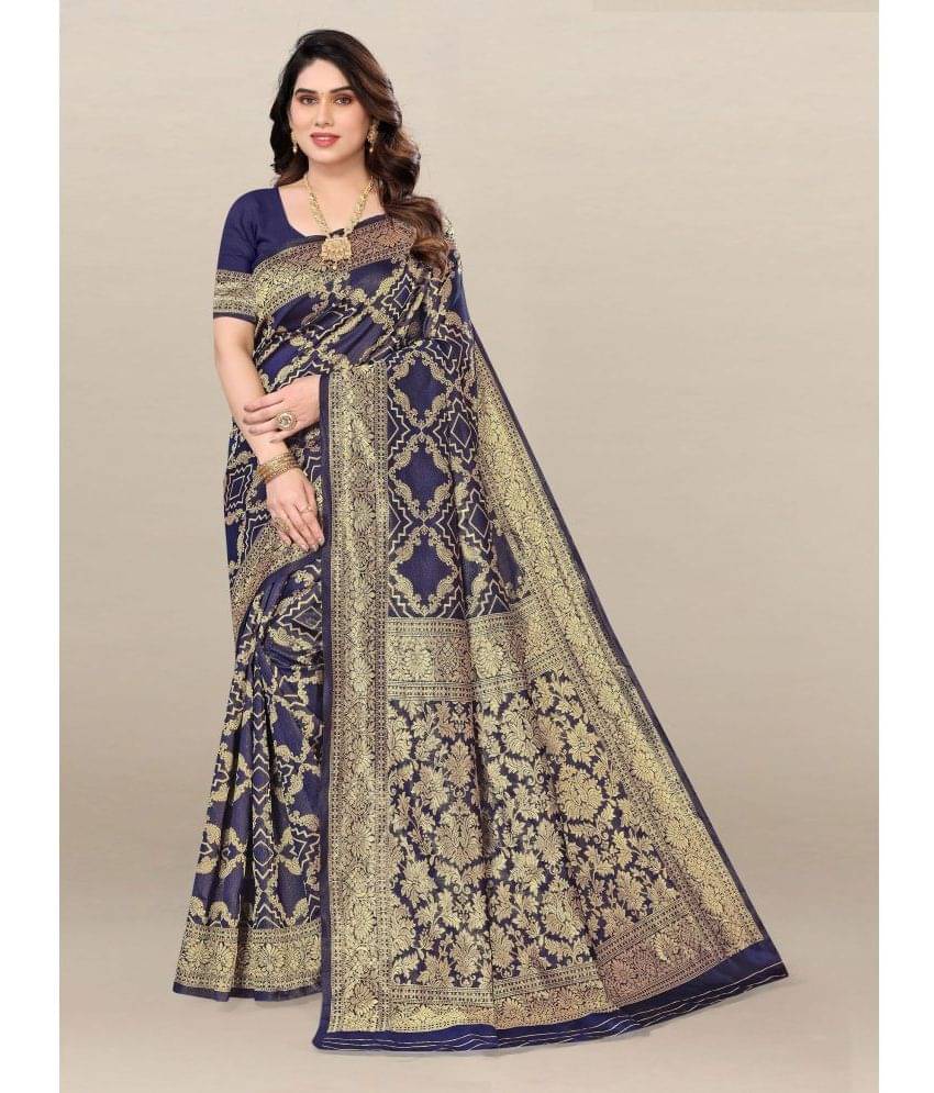 Om Shantam Sarees Banarasi Silk Embellished Saree With Unstitched Blouse Piece ( Navy Blue ) Om Shantam Sarees Banarasi Silk Embellished Saree With Unstitched Blouse Piece ( Navy Blue )