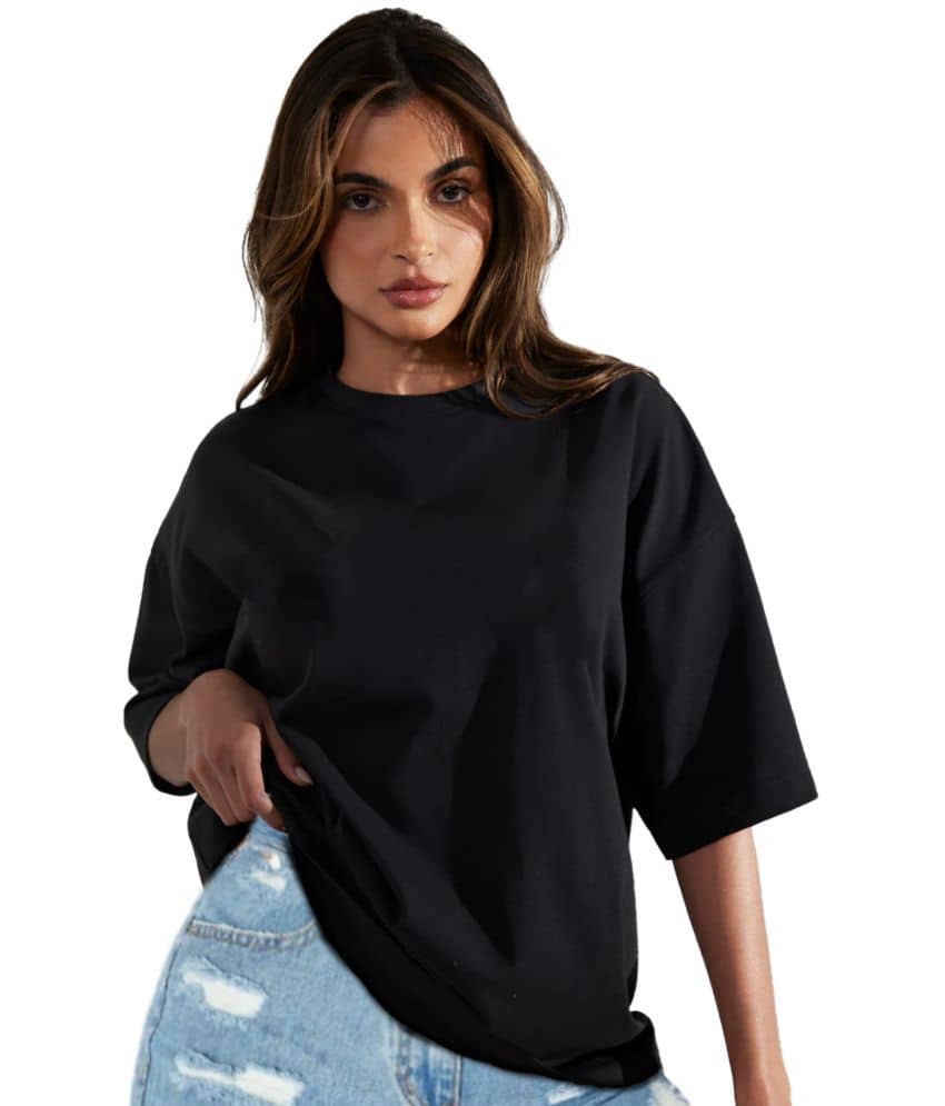 Trond Women Cotton Blend Printed Oversized Fit Round Neck T-Shirt ( Black )