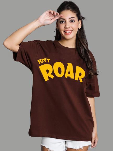 Trond Women Cotton Blend Printed Oversized Fit Round Neck T-Shirt ( Brown )