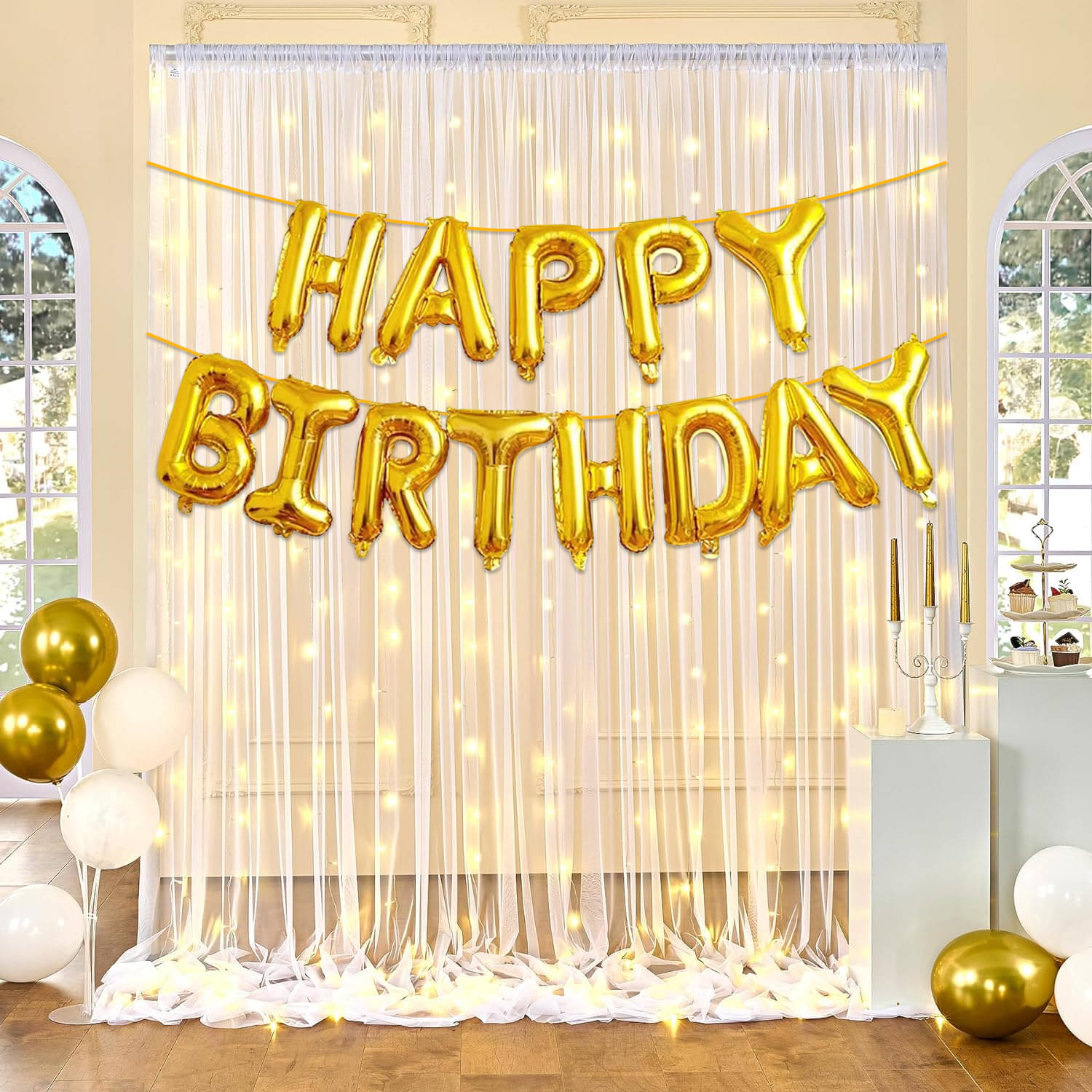     			Zyozi Happy Birthday Decorations Kit - Happy Birthday Foil Balloons with Led Rice Light & Net Curtains For Birthday Decorations | Birthday Light Combo Kit (Pack Of 4)