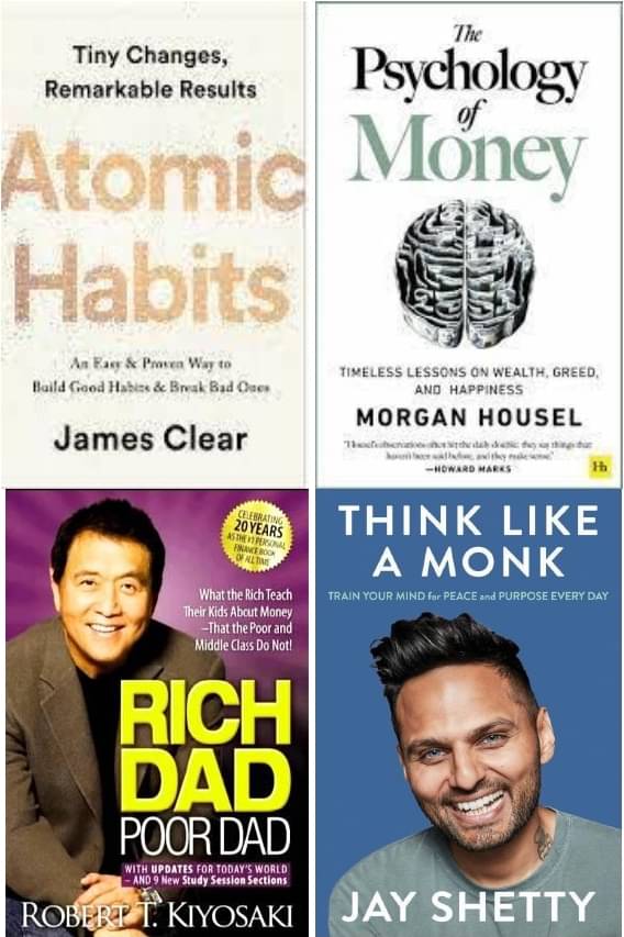 Atomic Habits + The Psychology of Money + Rich Dad Poor Dad + Think Like A Monk     			Atomic Habits + The Psychology of Money + Rich Dad Poor Dad + Think Like A Monk