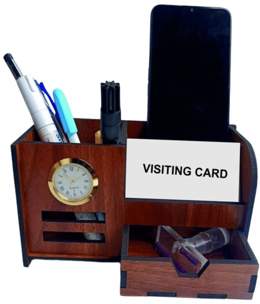 BIG BOSS ENTERPRISES Pen Stand With Watch And Drawer For Table Stylish | Wooden Pen Stand With Clock, Mobile and Visiting Card Holder for Office Desk and Study Table - Stationery | Buy online on ZillyBuy