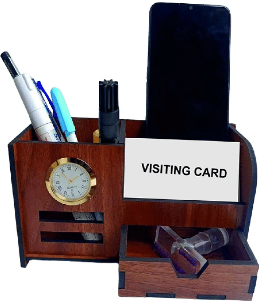 BIG BOSS ENTERPRISES Pen Stand With Watch And Drawer For Table Stylish | Wooden Pen Stand With Clock, Mobile and Visiting Card Holder for Office Desk and Study Table - Stationery | Buy online on ZillyBuy