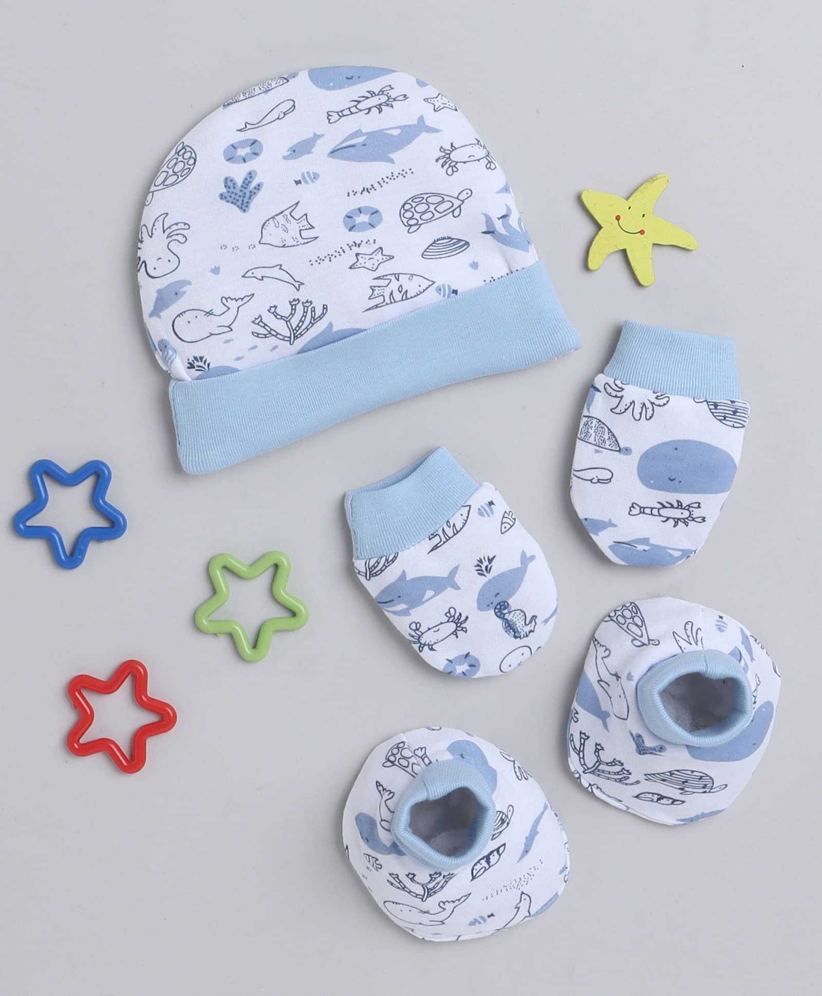 BUMZEE White & Sky Blue Boys Cotton Cap Mitten Bootie Set Age - 0-3 Months