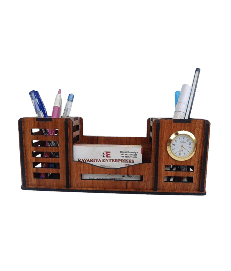 Big BOSS Enterprises 4 Compartment Pen Stand Holder With Watch  Multipurpose Wooden Desk Organizer Standing Mobile Stand and Pen Pencil Holder - Stationery | Buy online on ZillyBuy
