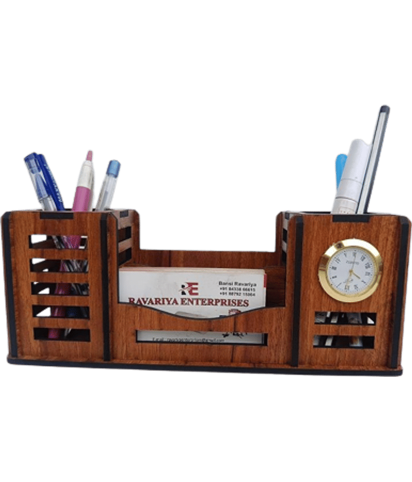 Big BOSS Enterprises 4 Compartment Pen Stand Holder With Watch Multipurpose Wooden Desk Organizer Standing Mobile Stand and Pen Pencil Holder - Stationery | Buy online on ZillyBuy